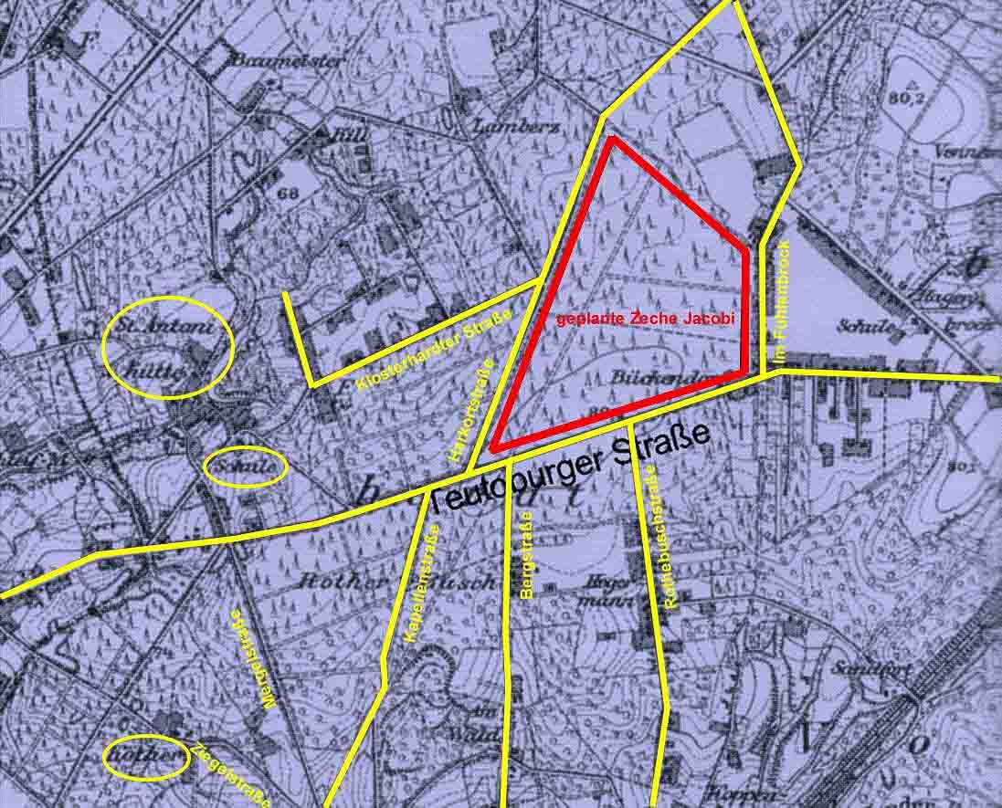 Auf dem Kartenausschnitt aus dem Jahre 1892 sind die damals vorhandenen Straßen gelb markiert. Zeche Jacobi 01