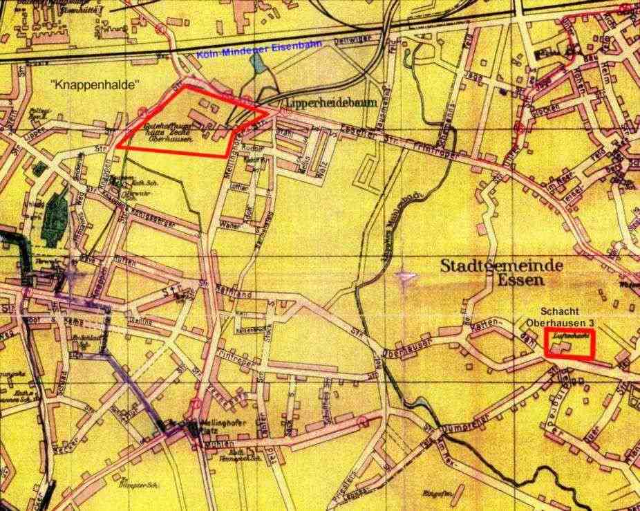 Der Stadtplanausschnitt aus dem Jahre 1928 zeigt die Lage der Zeche Oberhausen und des Wetterschachtes "Oberhausen 3". Zeche_Oberhausen 01